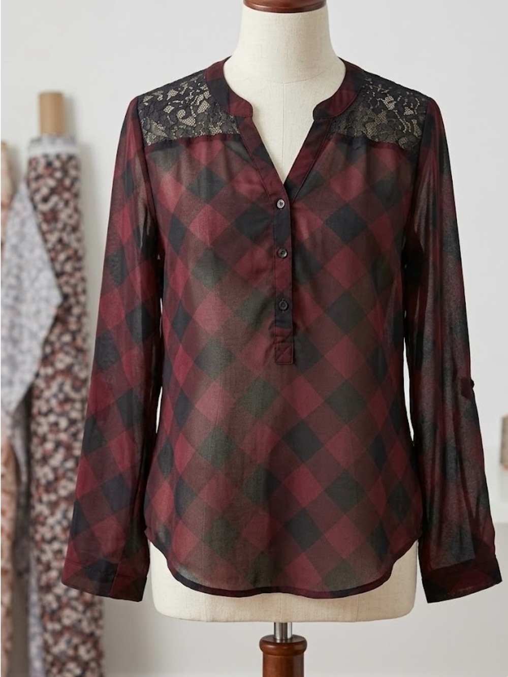 New York & Company Burgundy and Black Sheer Plaid Lace-Yoke Blouse